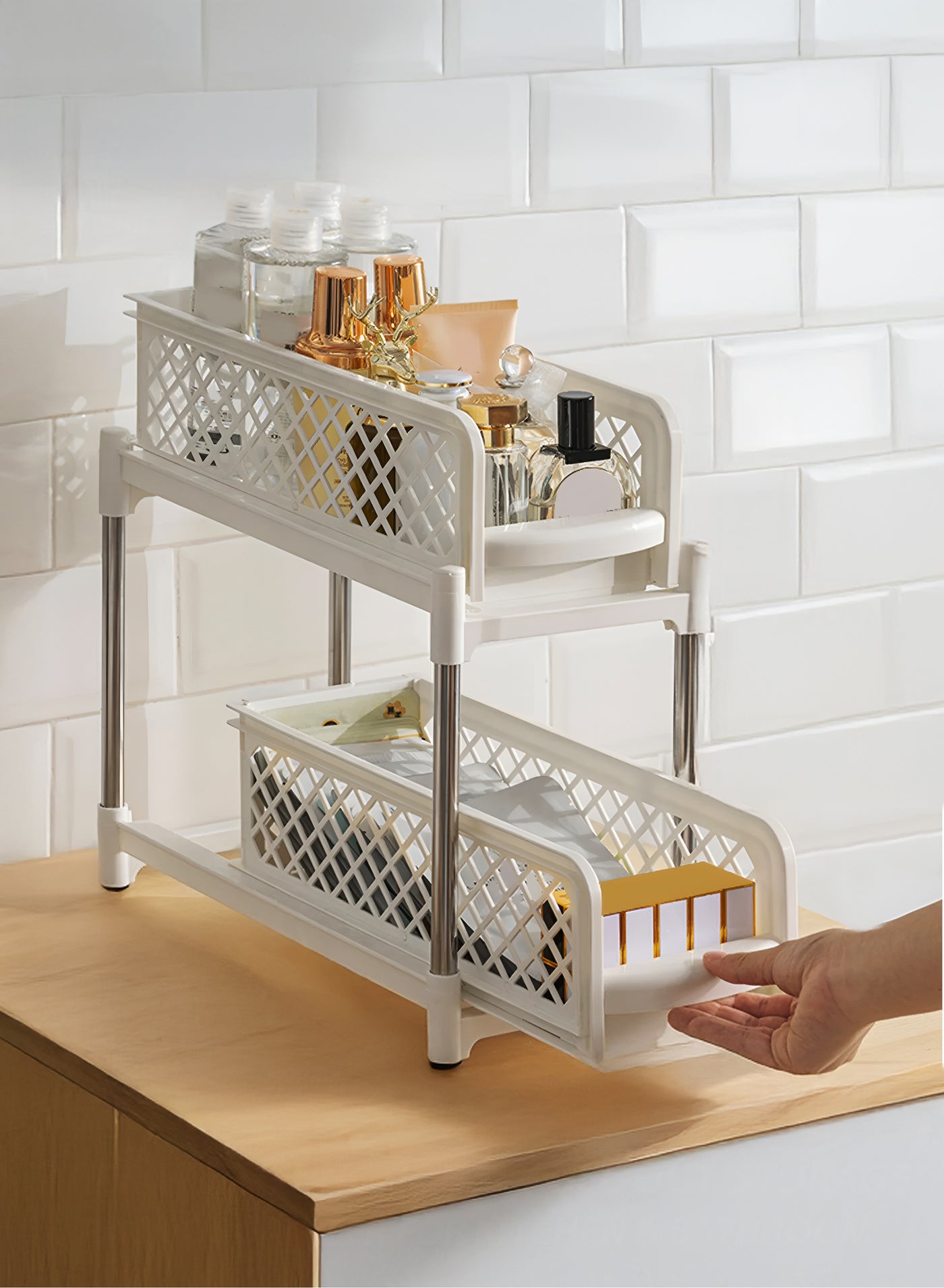 Under Sink Organizers and Storage 1 Pack - 2 Tier Sliding Bathroom Cabinet Organizer with Hooks - Multi-Purpose Under The Sink Organizer Kitchen
